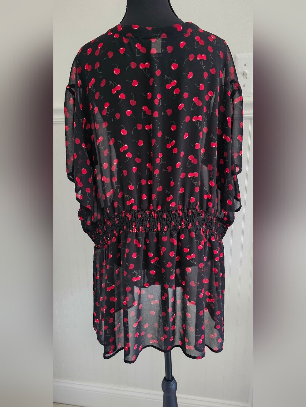 Torrid 4X Black Chiffon Tunic with Red Cherry Dot Print and Ruffles - Picture 3 of 5